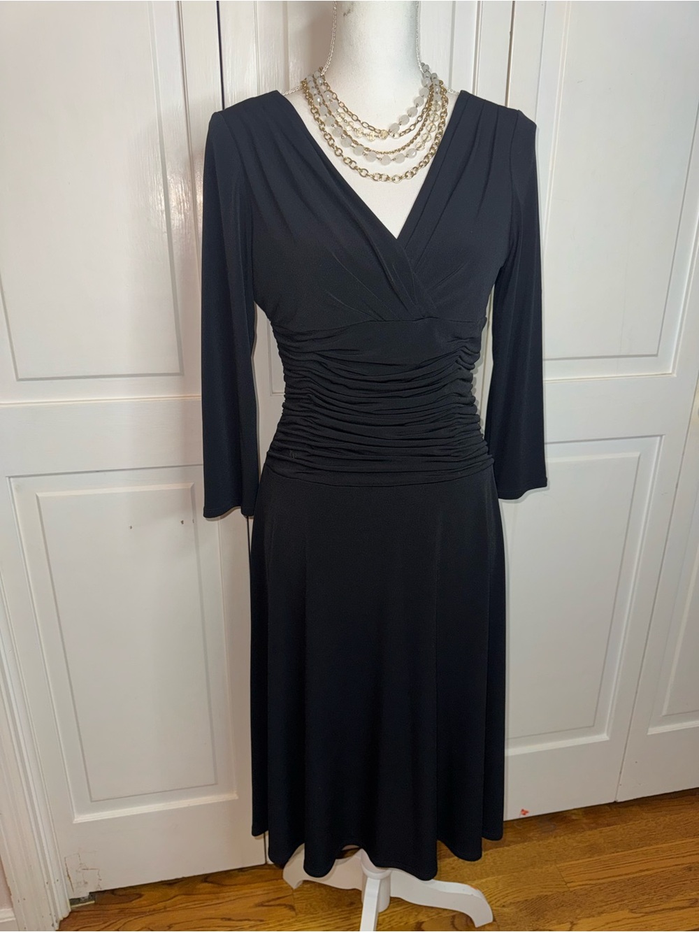 dressbarn Black V-Neck Ruched Waist Long Sleeve Dress